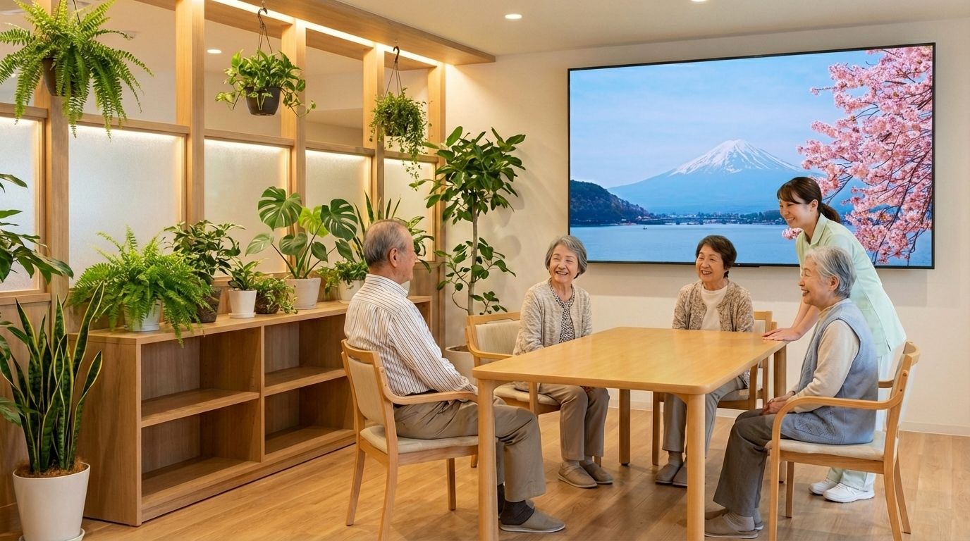 介護施設の共用スペースに風景映像を導入したイメージ